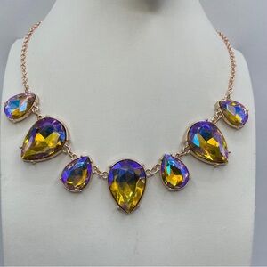 Rose Gold Tone Teardrop Crystal Statement Necklace Faceted Rhinestones